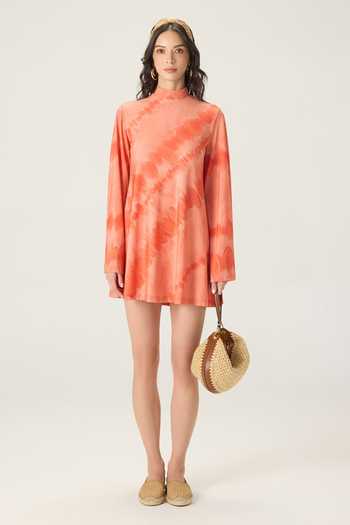 Saaksha & Kinni Orange Jersey High Neck Louisa Leheriya Print Dress Online at Aza Fashions Saaksha & Kinni_Orange Jersey High Neck Louisa Leheriya Print Dress _Online_at_Aza_Fashions