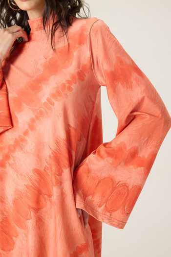 Saaksha & Kinni Orange Jersey High Neck Louisa Leheriya Print Dress at Aza Fashions Saaksha & Kinni_Orange Jersey High Neck Louisa Leheriya Print Dress _at_Aza_Fashions