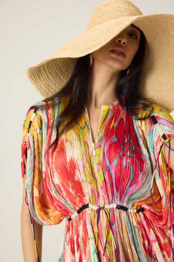 Saaksha & Kinni Multi Color Jersey Split V-neck Monica Floral Print Pleated Top Online at Aza Fashions Saaksha & Kinni_Multi Color Jersey Split V-neck Monica Floral Print Pleated Top _Online_at_Aza_Fashions