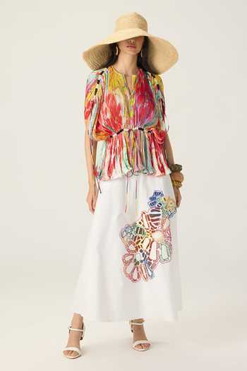 Buy Saaksha & Kinni Multi Color Jersey Split V-neck Monica Floral Print Pleated Top Online at Aza Fashions Buy_Saaksha & Kinni_Multi Color Jersey Split V-neck Monica Floral Print Pleated Top _Online_at_Aza_Fashions