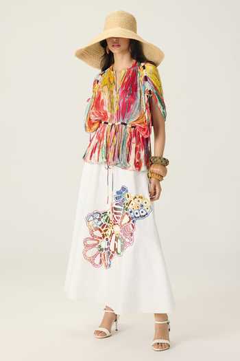 Shop Saaksha & Kinni Multi Color Jersey Split V-neck Monica Floral Print Pleated Top Online at Aza Fashions Shop_Saaksha & Kinni_Multi Color Jersey Split V-neck Monica Floral Print Pleated Top _Online_at_Aza_Fashions