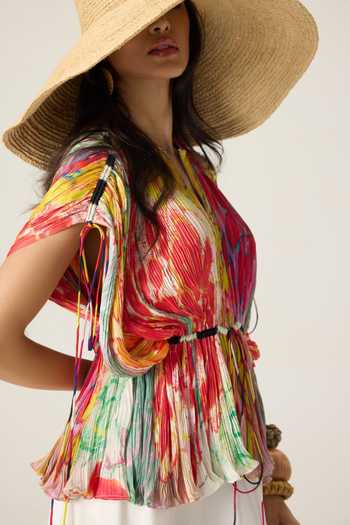 Saaksha & Kinni Multi Color Jersey Split V-neck Monica Floral Print Pleated Top at Aza Fashions Saaksha & Kinni_Multi Color Jersey Split V-neck Monica Floral Print Pleated Top _at_Aza_Fashions