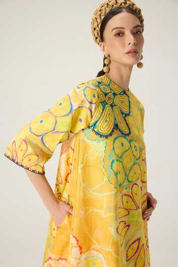 Saaksha & Kinni Yellow Cotton Round Neck Novella Printed Shift Dress Online at Aza Fashions Saaksha & Kinni_Yellow Cotton Round Neck Novella Printed Shift Dress _Online_at_Aza_Fashions