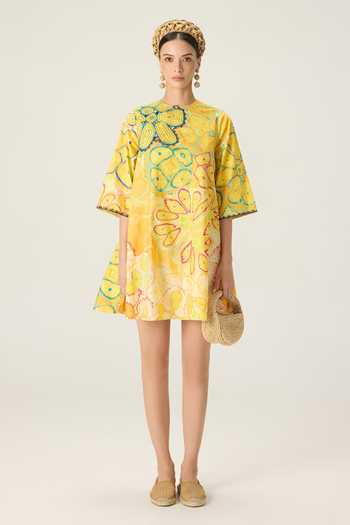 Buy Saaksha & Kinni Yellow Cotton Round Neck Novella Printed Shift Dress Online at Aza Fashions Buy_Saaksha & Kinni_Yellow Cotton Round Neck Novella Printed Shift Dress _Online_at_Aza_Fashions