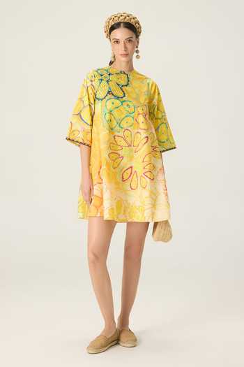 Shop Saaksha & Kinni Yellow Cotton Round Neck Novella Printed Shift Dress Online at Aza Fashions Shop_Saaksha & Kinni_Yellow Cotton Round Neck Novella Printed Shift Dress _Online_at_Aza_Fashions