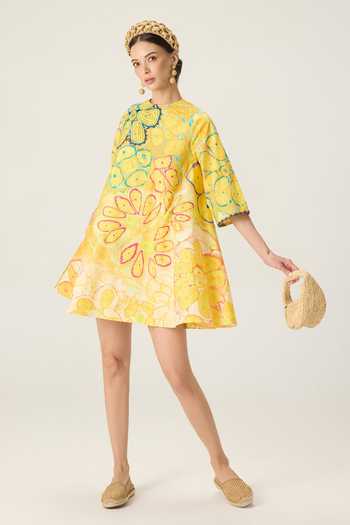 Saaksha & Kinni Yellow Cotton Round Neck Novella Printed Shift Dress at Aza Fashions Saaksha & Kinni_Yellow Cotton Round Neck Novella Printed Shift Dress _at_Aza_Fashions