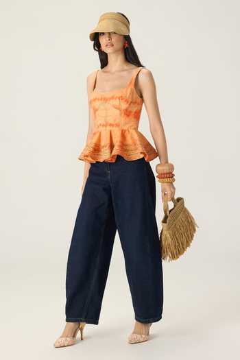 Saaksha & Kinni Orange Cotton Square Neck Peni Leheriya Print Peplum Blouse Online at Aza Fashions Saaksha & Kinni_Orange Cotton Square Neck Peni Leheriya Print Peplum Blouse _Online_at_Aza_Fashions