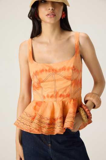 Shop Saaksha & Kinni Orange Cotton Square Neck Peni Leheriya Print Peplum Blouse Online at Aza Fashions Shop_Saaksha & Kinni_Orange Cotton Square Neck Peni Leheriya Print Peplum Blouse _Online_at_Aza_Fashions
