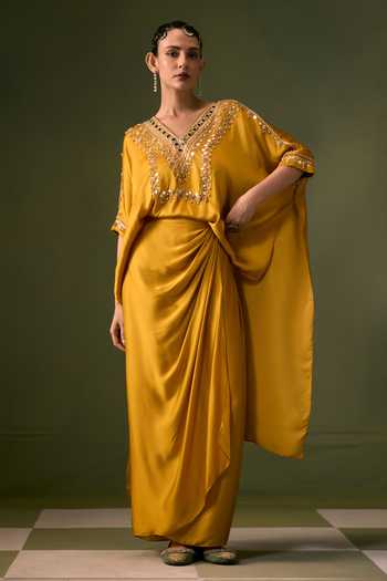Prahnaaya Yellow Satin V-neck Hand Embroidered Top And Wrap Skirt Set Online at Aza Fashions Prahnaaya_Yellow Satin V-neck Hand Embroidered Top And Wrap Skirt Set _Online_at_Aza_Fashions