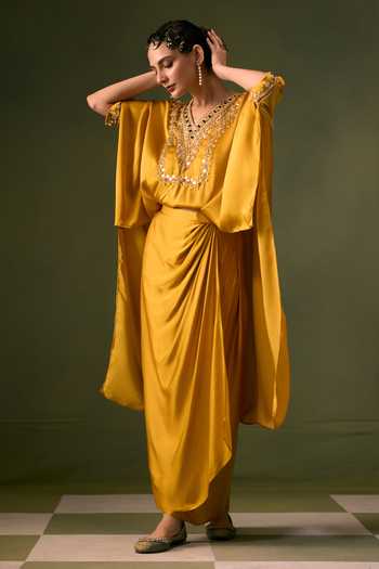 Buy Prahnaaya Yellow Satin V-neck Hand Embroidered Top And Wrap Skirt Set Online at Aza Fashions Buy_Prahnaaya_Yellow Satin V-neck Hand Embroidered Top And Wrap Skirt Set _Online_at_Aza_Fashions