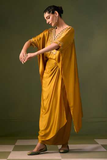 Shop Prahnaaya Yellow Satin V-neck Hand Embroidered Top And Wrap Skirt Set Online at Aza Fashions Shop_Prahnaaya_Yellow Satin V-neck Hand Embroidered Top And Wrap Skirt Set _Online_at_Aza_Fashions