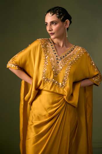 Buy Prahnaaya Yellow Satin V-neck Hand Embroidered Top And Wrap Skirt Set Buy_Prahnaaya_Yellow Satin V-neck Hand Embroidered Top And Wrap Skirt Set
