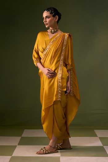 Prahnaaya Yellow Satin, Organza V-neck Draped Top Skirt Set Online at Aza Fashions Prahnaaya_Yellow Satin, Organza V-neck Draped Top Skirt Set _Online_at_Aza_Fashions