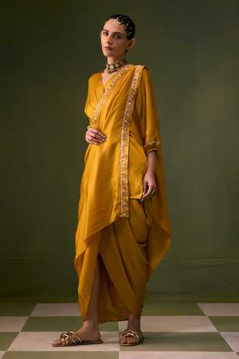 Buy Prahnaaya Yellow Satin, Organza V-neck Draped Top Skirt Set Online at Aza Fashions Buy_Prahnaaya_Yellow Satin, Organza V-neck Draped Top Skirt Set _Online_at_Aza_Fashions
