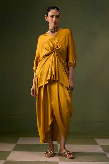 Shop Prahnaaya Yellow Satin, Organza V-neck Draped Top Skirt Set Online at Aza Fashions Shop_Prahnaaya_Yellow Satin, Organza V-neck Draped Top Skirt Set _Online_at_Aza_Fashions