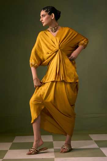 Prahnaaya Yellow Satin, Organza V-neck Draped Top Skirt Set at Aza Fashions Prahnaaya_Yellow Satin, Organza V-neck Draped Top Skirt Set _at_Aza_Fashions