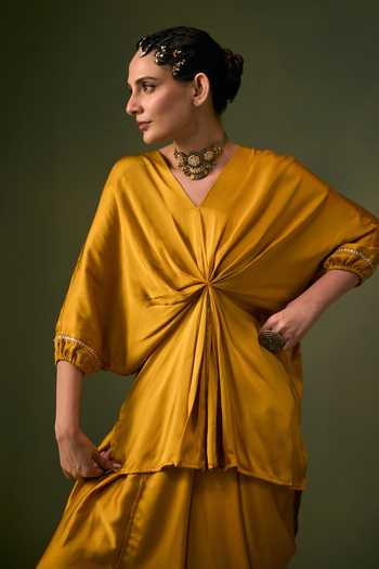 Buy Prahnaaya Yellow Satin, Organza V-neck Draped Top Skirt Set Buy_Prahnaaya_Yellow Satin, Organza V-neck Draped Top Skirt Set