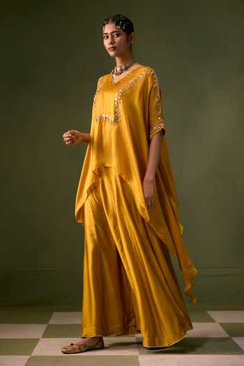 Prahnaaya Yellow Organza, Satin V-neck Cove Asymmetric Top With Palazzo Online at Aza Fashions Prahnaaya_Yellow Organza, Satin V-neck Cove Asymmetric Top With Palazzo _Online_at_Aza_Fashions