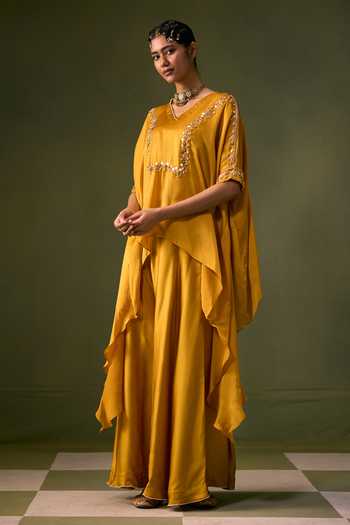 Buy Prahnaaya Yellow Organza, Satin V-neck Cove Asymmetric Top With Palazzo Online at Aza Fashions Buy_Prahnaaya_Yellow Organza, Satin V-neck Cove Asymmetric Top With Palazzo _Online_at_Aza_Fashions