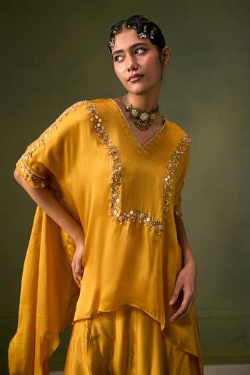 Shop Prahnaaya Yellow Organza, Satin V-neck Cove Asymmetric Top With Palazzo Online at Aza Fashions Shop_Prahnaaya_Yellow Organza, Satin V-neck Cove Asymmetric Top With Palazzo _Online_at_Aza_Fashions