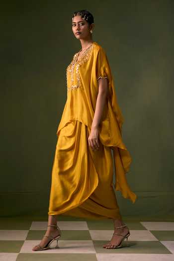 Prahnaaya Yellow Organza, Satin V-neck Asymmetric Embroidered Top And Skirt Set Online at Aza Fashions Prahnaaya_Yellow Organza, Satin V-neck Asymmetric Embroidered Top And Skirt Set _Online_at_Aza_Fashions