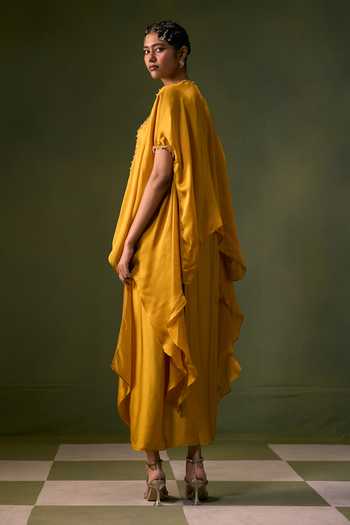 Buy Prahnaaya Yellow Organza, Satin V-neck Asymmetric Embroidered Top And Skirt Set Online at Aza Fashions Buy_Prahnaaya_Yellow Organza, Satin V-neck Asymmetric Embroidered Top And Skirt Set _Online_at_Aza_Fashions