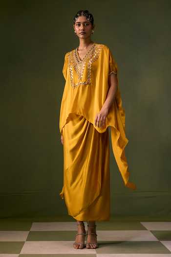 Shop Prahnaaya Yellow Organza, Satin V-neck Asymmetric Embroidered Top And Skirt Set Online at Aza Fashions Shop_Prahnaaya_Yellow Organza, Satin V-neck Asymmetric Embroidered Top And Skirt Set _Online_at_Aza_Fashions
