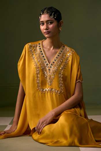 Prahnaaya Yellow Organza, Satin V-neck Asymmetric Embroidered Top And Skirt Set at Aza Fashions Prahnaaya_Yellow Organza, Satin V-neck Asymmetric Embroidered Top And Skirt Set _at_Aza_Fashions