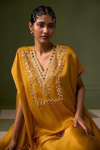 Buy Prahnaaya Yellow Organza, Satin V-neck Asymmetric Embroidered Top And Skirt Set Buy_Prahnaaya_Yellow Organza, Satin V-neck Asymmetric Embroidered Top And Skirt Set