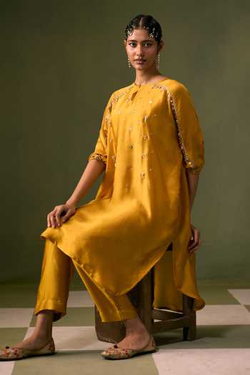 Shop Prahnaaya Yellow Organza, Satin, Chanderi, Tissue Round Neck, Hand Embroidered Kurta Set Online at Aza Fashions Shop_Prahnaaya_Yellow Organza, Satin, Chanderi, Tissue Round Neck, Hand Embroidered Kurta Set _Online_at_Aza_Fashions