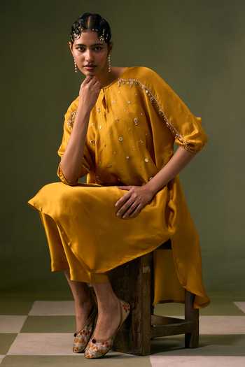 Prahnaaya Yellow Organza, Satin, Chanderi, Tissue Round Neck, Hand Embroidered Kurta Set at Aza Fashions Prahnaaya_Yellow Organza, Satin, Chanderi, Tissue Round Neck, Hand Embroidered Kurta Set _at_Aza_Fashions