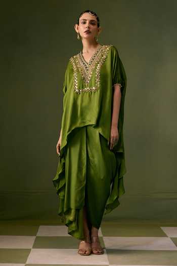 Shop Prahnaaya Green Organza, Satin V-neck Embroidered Top And Skirt Set Online at Aza Fashions Shop_Prahnaaya_Green Organza, Satin V-neck Embroidered Top And Skirt Set _Online_at_Aza_Fashions