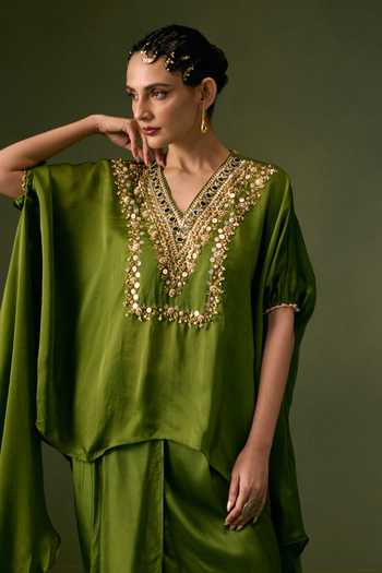 Prahnaaya Green Organza, Satin V-neck Embroidered Top And Skirt Set at Aza Fashions Prahnaaya_Green Organza, Satin V-neck Embroidered Top And Skirt Set _at_Aza_Fashions