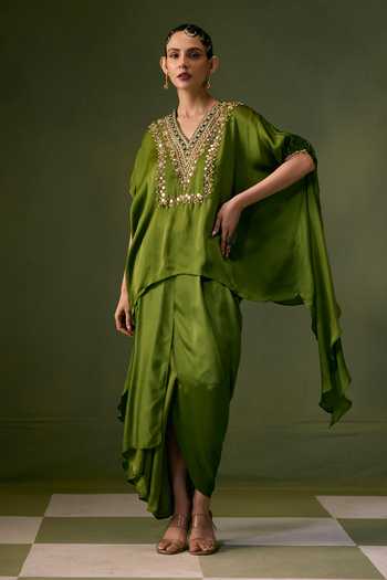 Buy Prahnaaya Green Organza, Satin V-neck Embroidered Top And Skirt Set Buy_Prahnaaya_Green Organza, Satin V-neck Embroidered Top And Skirt Set