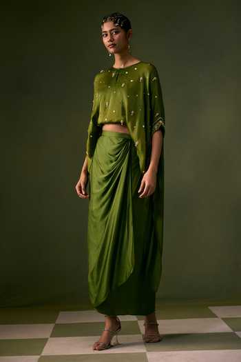 Prahnaaya Green Organza, Satin V-neck Nexa Lite Top With Wrap Skirt Online at Aza Fashions Prahnaaya_Green Organza, Satin V-neck Nexa Lite Top With Wrap Skirt _Online_at_Aza_Fashions