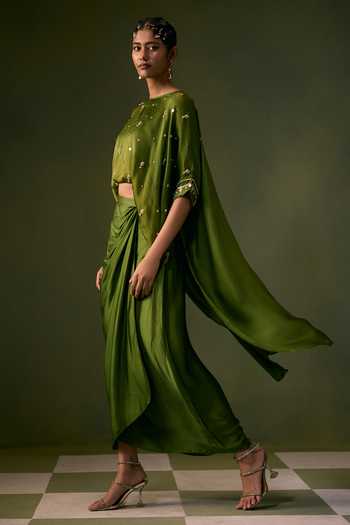 Buy Prahnaaya Green Organza, Satin V-neck Nexa Lite Top With Wrap Skirt Online at Aza Fashions Buy_Prahnaaya_Green Organza, Satin V-neck Nexa Lite Top With Wrap Skirt _Online_at_Aza_Fashions