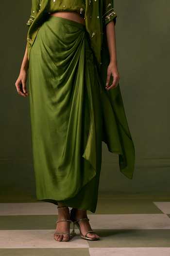 Shop Prahnaaya Green Organza, Satin V-neck Nexa Lite Top With Wrap Skirt Online at Aza Fashions Shop_Prahnaaya_Green Organza, Satin V-neck Nexa Lite Top With Wrap Skirt _Online_at_Aza_Fashions
