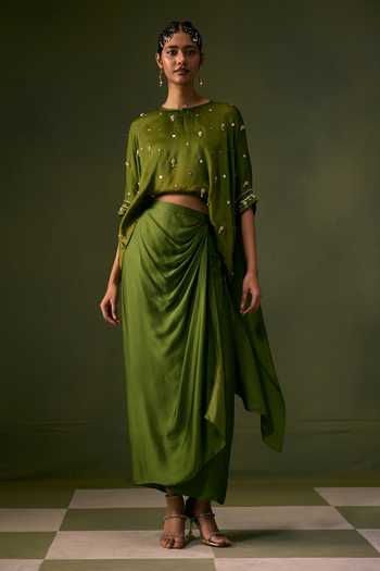 Prahnaaya Green Organza, Satin V-neck Nexa Lite Top With Wrap Skirt at Aza Fashions Prahnaaya_Green Organza, Satin V-neck Nexa Lite Top With Wrap Skirt _at_Aza_Fashions