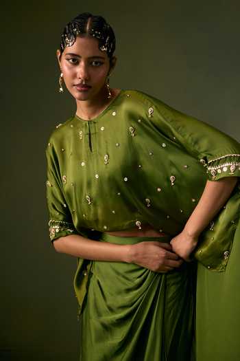 Buy Prahnaaya Green Organza, Satin V-neck Nexa Lite Top With Wrap Skirt Buy_Prahnaaya_Green Organza, Satin V-neck Nexa Lite Top With Wrap Skirt
