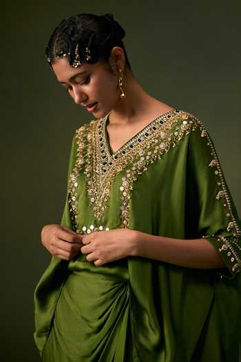 Prahnaaya Green Satin V-neck Neckline Embroidered Top And Skirt Set at Aza Fashions Prahnaaya_Green Satin V-neck Neckline Embroidered Top And Skirt Set _at_Aza_Fashions