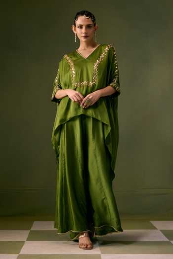 Prahnaaya Asymmetric Embroidered Top & Flared Pant Set 