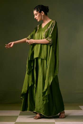 Prahnaaya Green Organza, Satin V-neck Asymmetric Embroidered Top And Flared Pant Set Online at Aza Fashions Prahnaaya_Green Organza, Satin V-neck Asymmetric Embroidered Top And Flared Pant Set _Online_at_Aza_Fashions