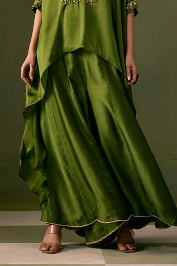 Buy Prahnaaya Green Organza, Satin V-neck Asymmetric Embroidered Top And Flared Pant Set Online at Aza Fashions Buy_Prahnaaya_Green Organza, Satin V-neck Asymmetric Embroidered Top And Flared Pant Set _Online_at_Aza_Fashions