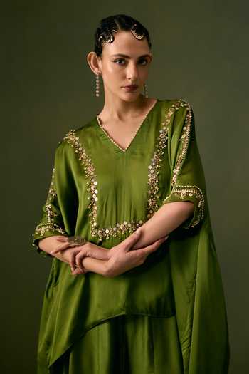 Shop Prahnaaya Green Organza, Satin V-neck Asymmetric Embroidered Top And Flared Pant Set Online at Aza Fashions Shop_Prahnaaya_Green Organza, Satin V-neck Asymmetric Embroidered Top And Flared Pant Set _Online_at_Aza_Fashions
