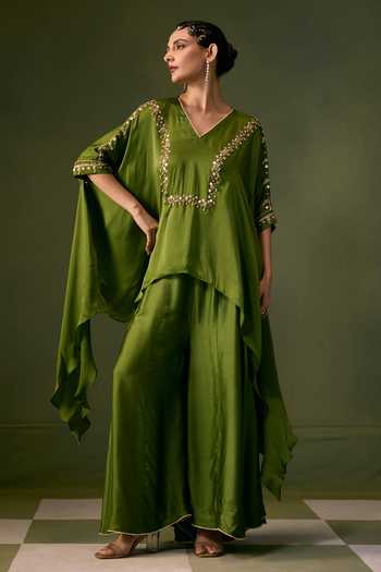 Prahnaaya Green Organza, Satin V-neck Asymmetric Embroidered Top And Flared Pant Set at Aza Fashions Prahnaaya_Green Organza, Satin V-neck Asymmetric Embroidered Top And Flared Pant Set _at_Aza_Fashions