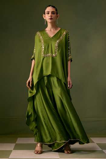 Buy Prahnaaya Green Organza, Satin V-neck Asymmetric Embroidered Top And Flared Pant Set Buy_Prahnaaya_Green Organza, Satin V-neck Asymmetric Embroidered Top And Flared Pant Set