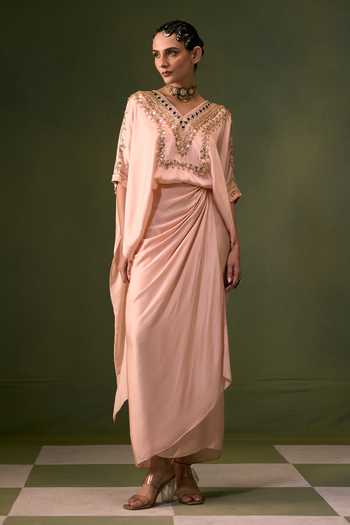 Buy Prahnaaya Pink Satin V-neck Nexa Embroidered Top And Skirt Set Online at Aza Fashions Buy_Prahnaaya_Pink Satin V-neck Nexa Embroidered Top And Skirt Set _Online_at_Aza_Fashions