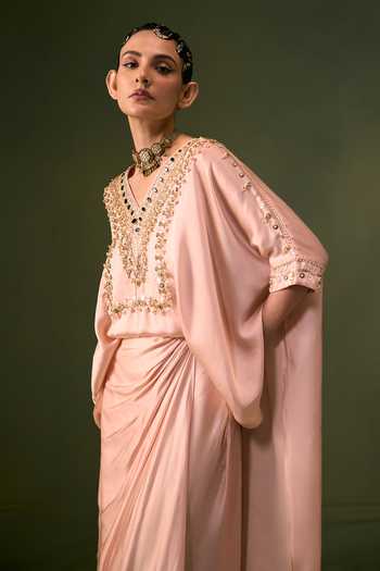 Shop Prahnaaya Pink Satin V-neck Nexa Embroidered Top And Skirt Set Online at Aza Fashions Shop_Prahnaaya_Pink Satin V-neck Nexa Embroidered Top And Skirt Set _Online_at_Aza_Fashions