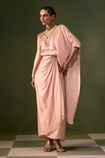 Prahnaaya Pink Satin V-neck Nexa Embroidered Top And Skirt Set at Aza Fashions Prahnaaya_Pink Satin V-neck Nexa Embroidered Top And Skirt Set _at_Aza_Fashions