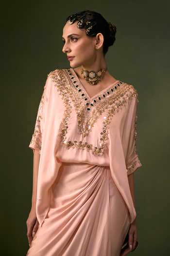 Buy Prahnaaya Pink Satin V-neck Nexa Embroidered Top And Skirt Set Buy_Prahnaaya_Pink Satin V-neck Nexa Embroidered Top And Skirt Set